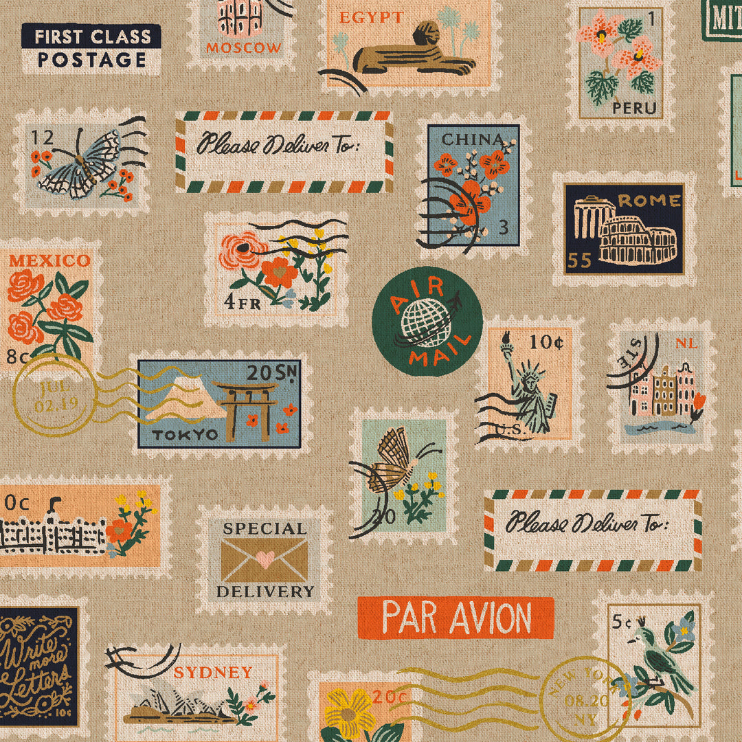 Bon Voyage - Postage Stamps in Natural CANVAS - Rifle Paper Co. - RP802-NA5UCM - Half Yard