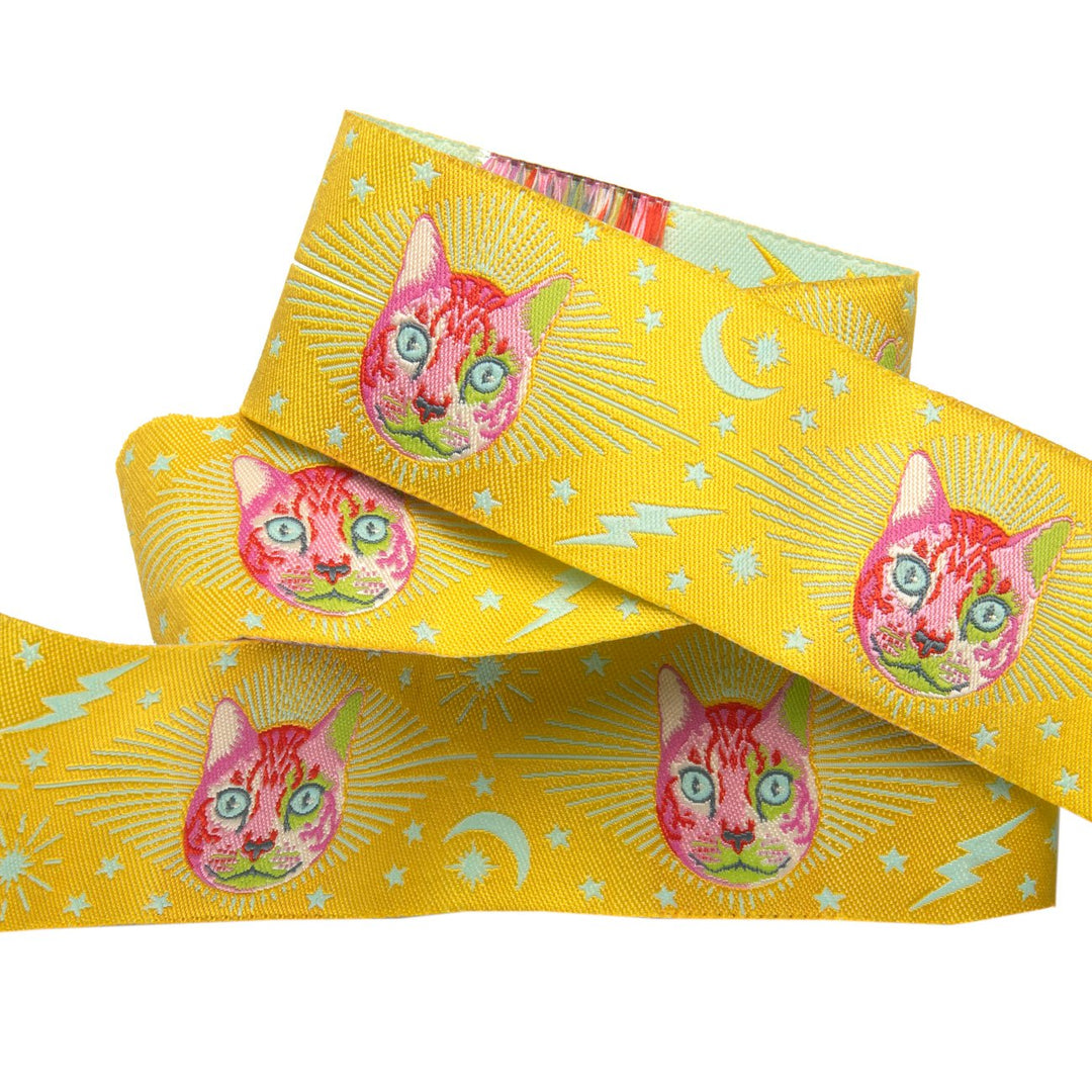 Renaissance Ribbons - Tula Pink Curiouser & Curiouser - Cheshire Cat in Yellow - TK-75/38mm col 2 - One Yard