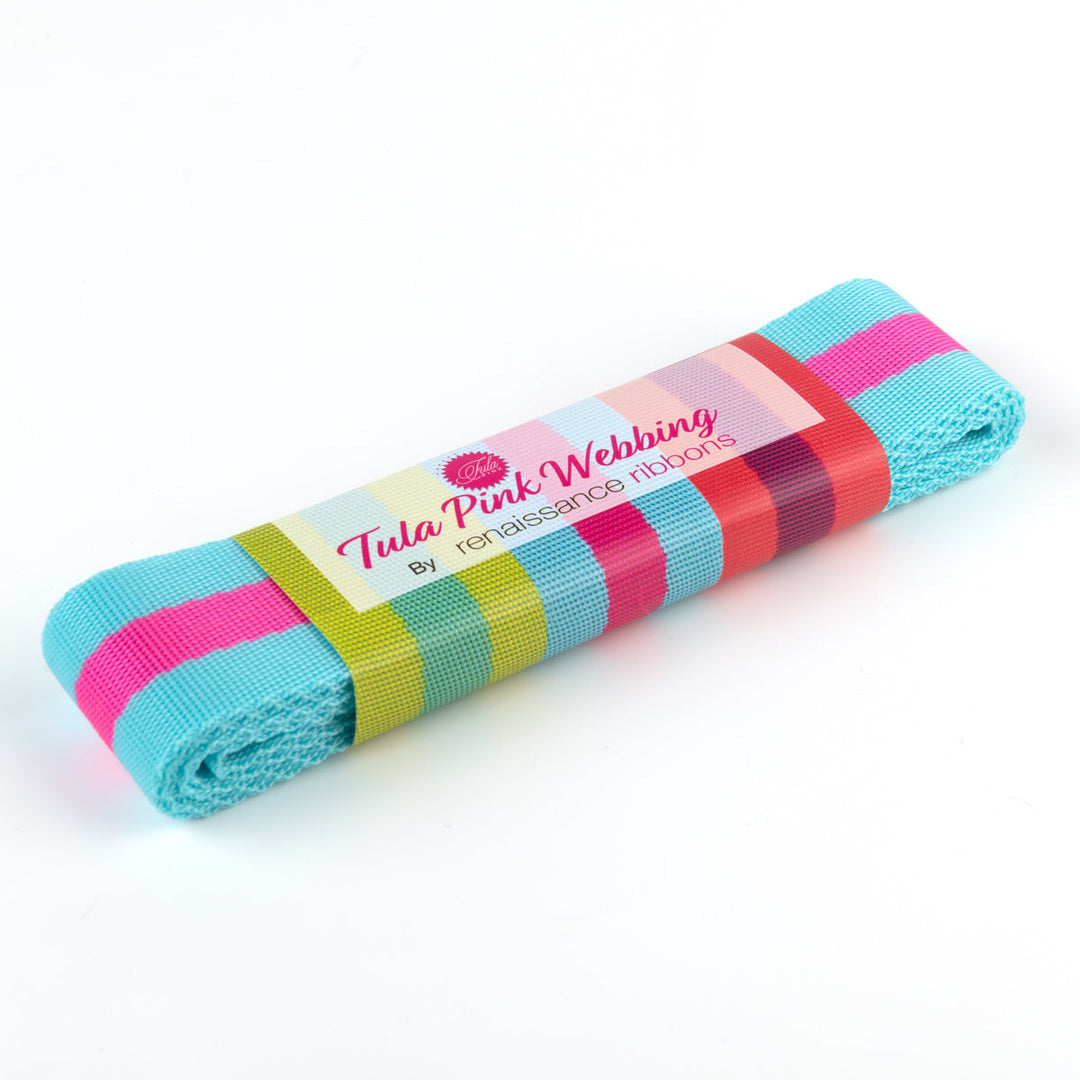 Renaissance Ribbons - Tula Pink Webbing - Tula Pink Webbing in Aqua and Pink - TK-90 38mm col 5 - Two Yard Pack